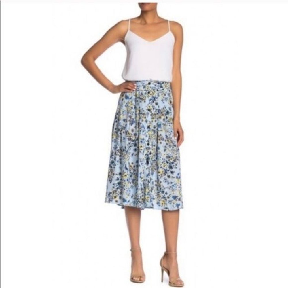 Nanette Lepore Floral Skirt XL Flare Button Down Blue Long Below Knee Yellow